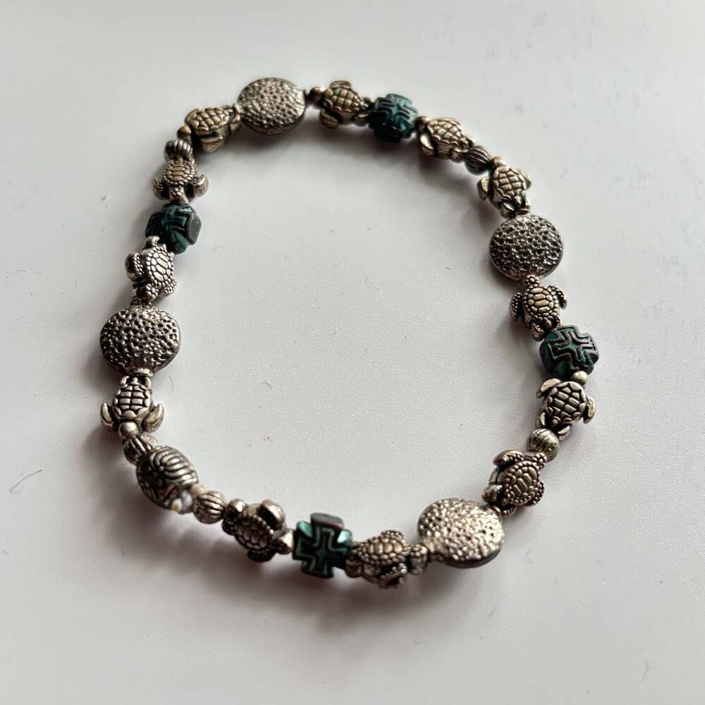 Vintage Silver Tone Turtle and Cross Bead Stretch Bracelet